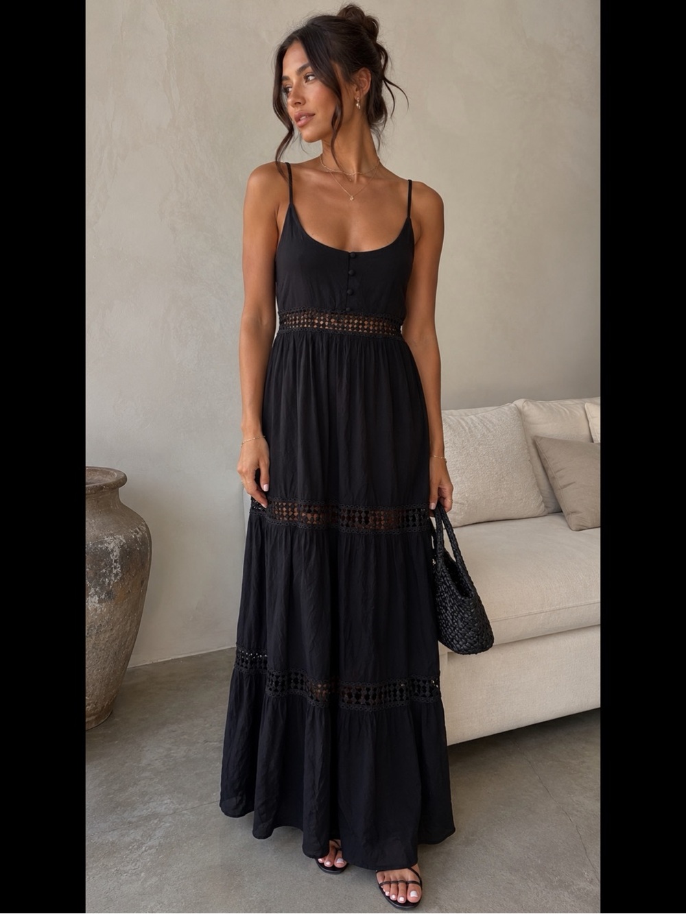 JACK by BB Dakota Black Crochet-Trim Spaghetti-Strap Maxi Dress